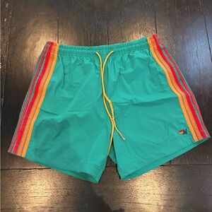 Aviator Nation Teal 5 Stripe Swim Trunks
